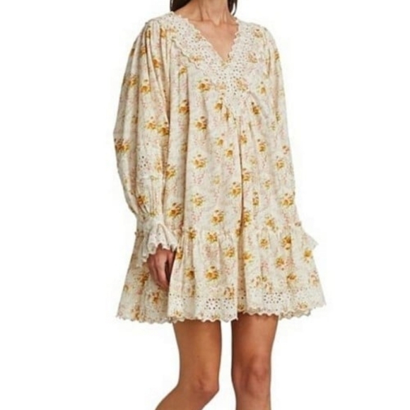 Ivory Floral Cotton V Neck Eyelet Trim Mini Dress in Wallpaper - Picture 1 of 12